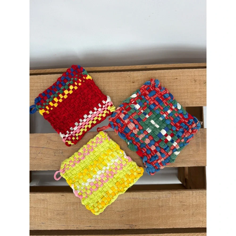 Vintage Handmade Woven Loom Cotton Potholder Set of 3 Cottagecore Boho‎ Kitchen
